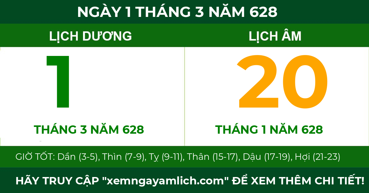 lịch âm ngày 1 tháng 3 năm 628
