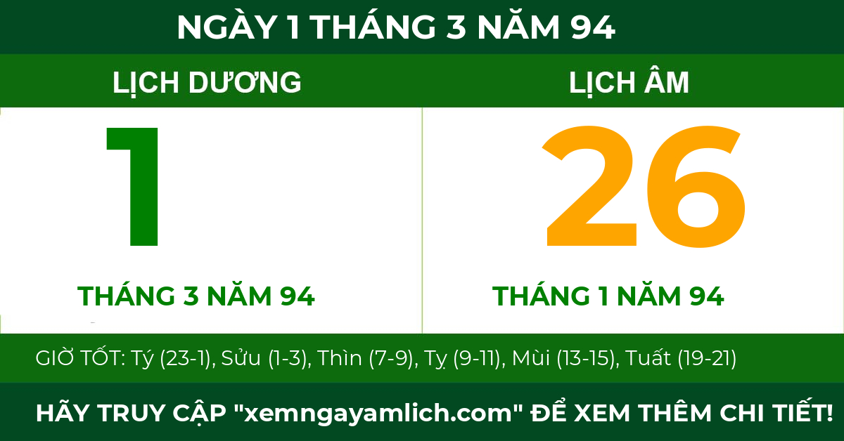 lịch âm ngày 1 tháng 3 năm 94