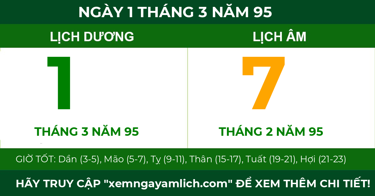 lịch âm ngày 1 tháng 3 năm 95