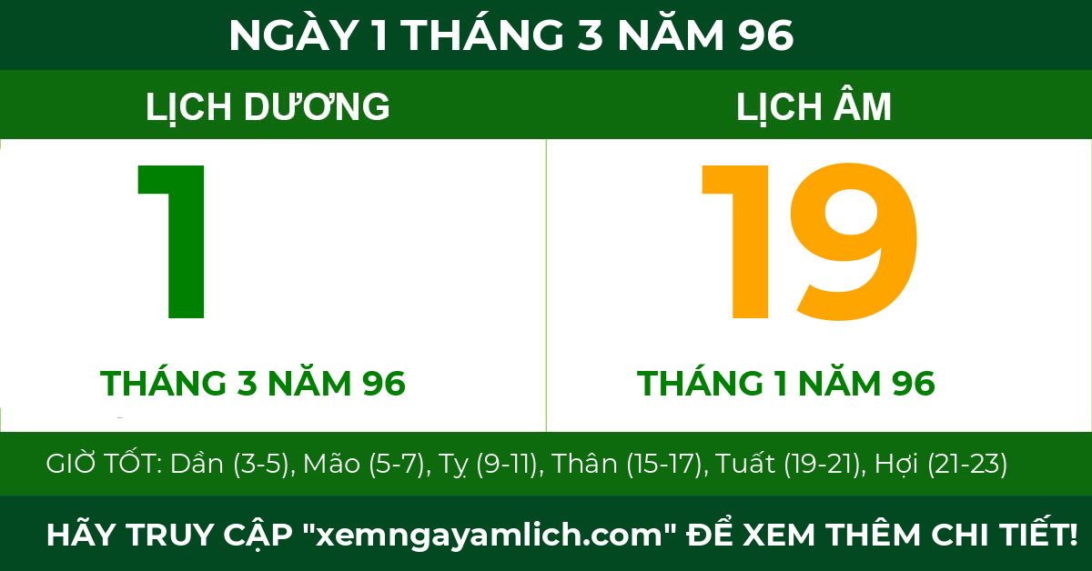lịch âm ngày 1 tháng 3 năm 96