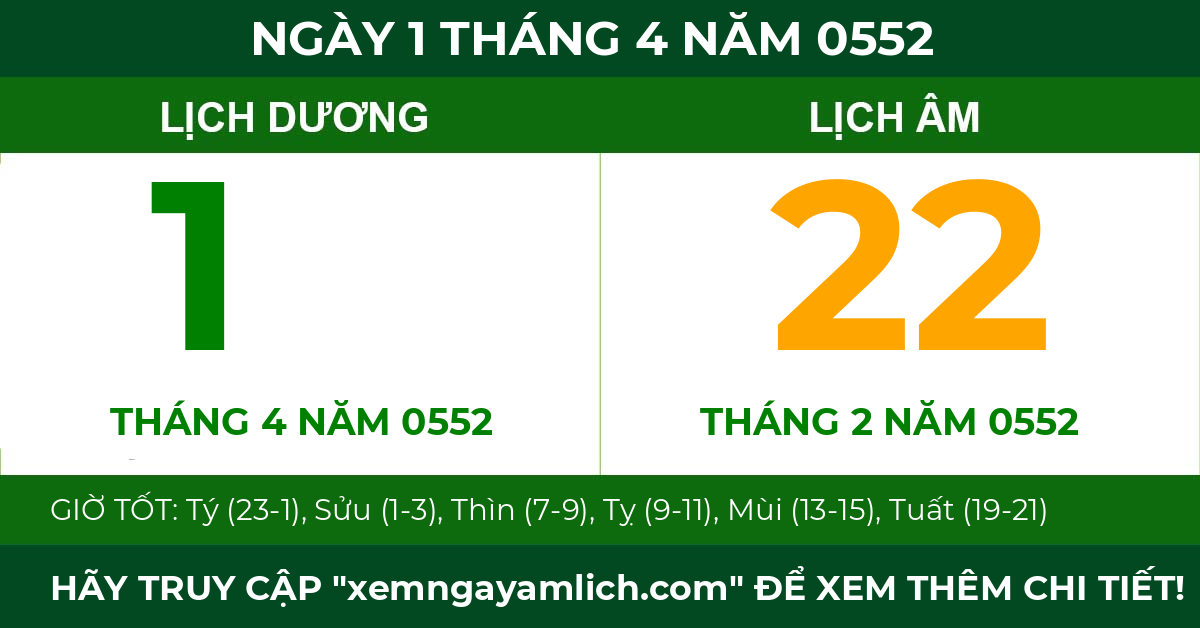 lịch âm ngày 1 tháng 4 năm 0552