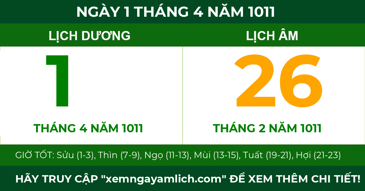 lịch âm ngày 1 tháng 4 năm 1011