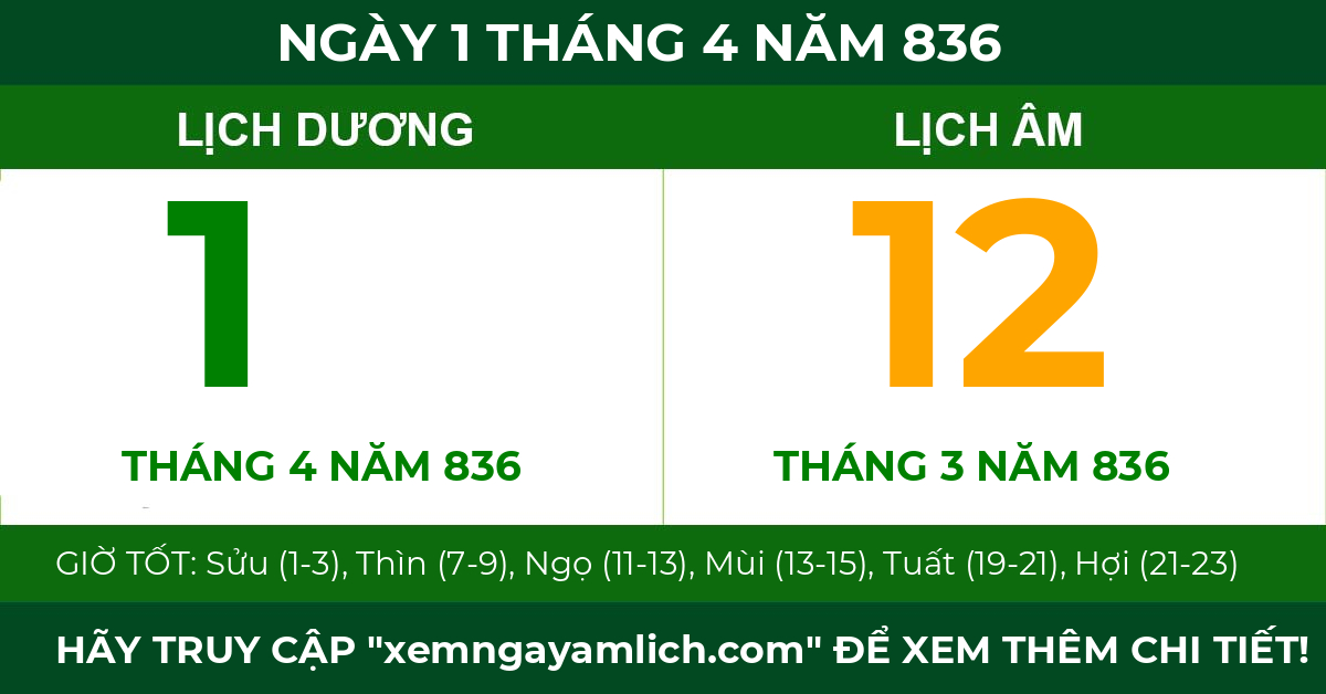 lịch âm ngày 1 tháng 4 năm 836