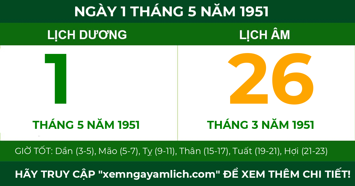 lịch âm ngày 1 tháng 5 năm 1951