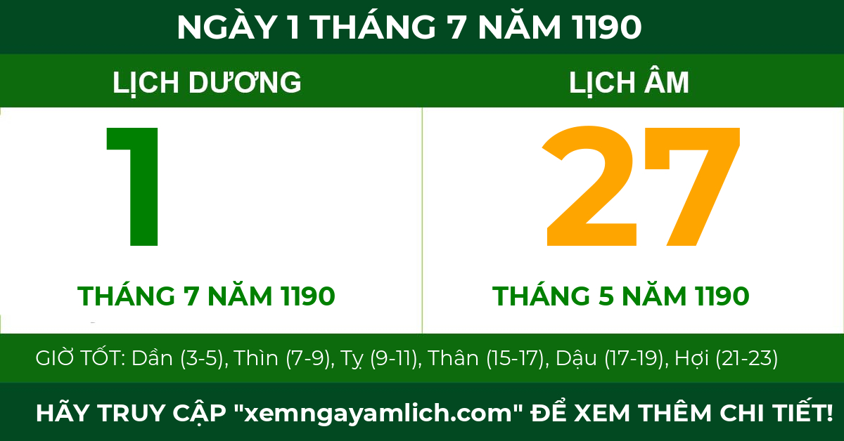 lịch âm ngày 1 tháng 7 năm 1190
