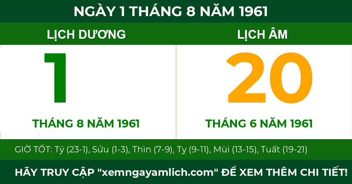 lịch âm ngày 1 tháng 8 năm 1961