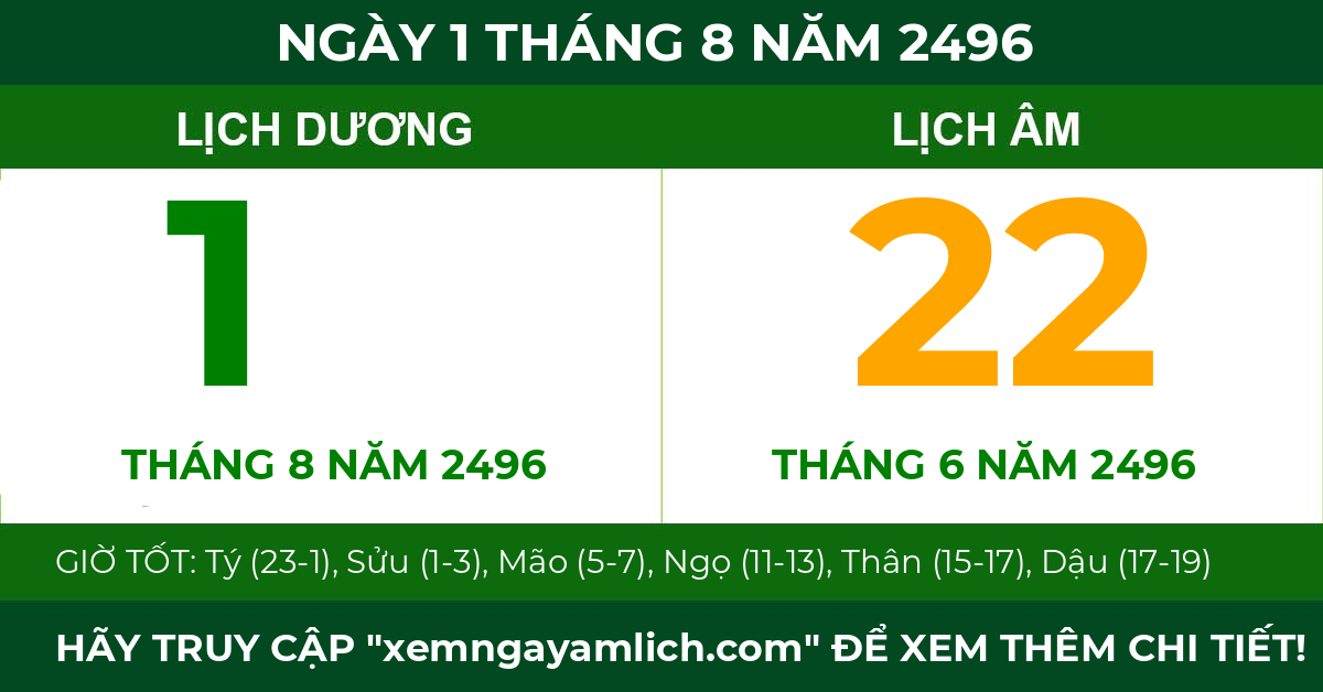 lịch âm ngày 1 tháng 8 năm 2496