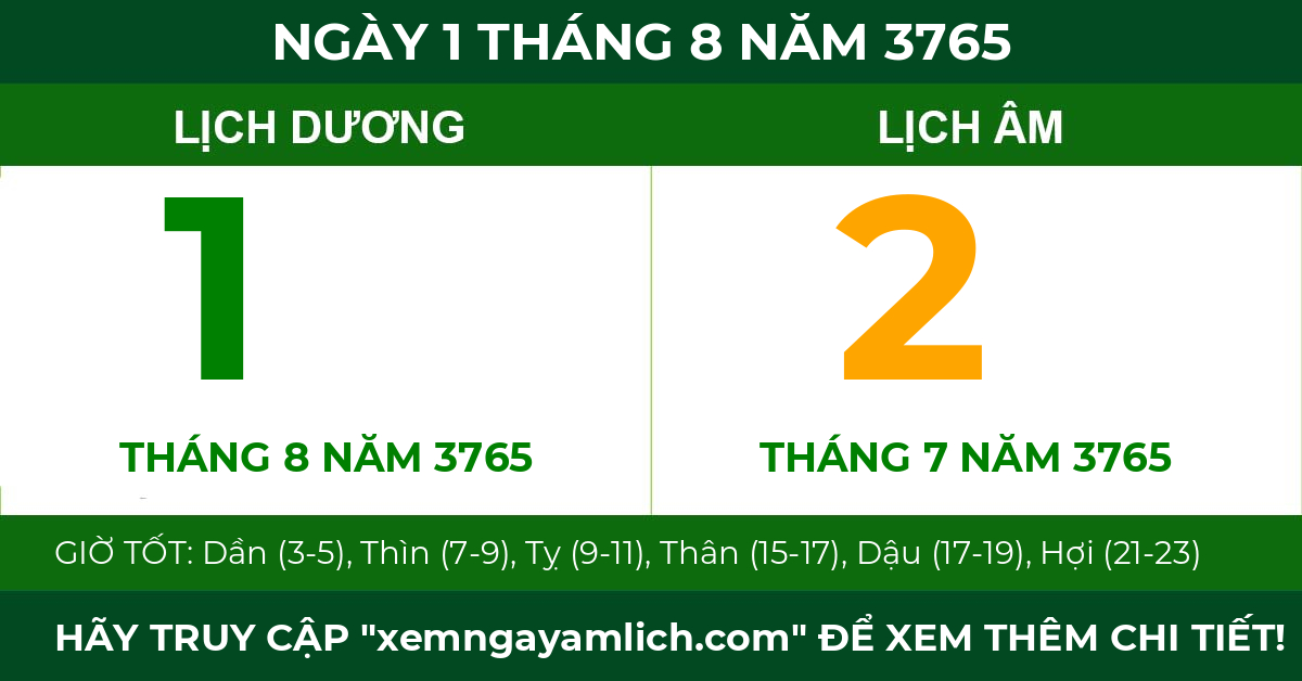 lịch âm ngày 1 tháng 8 năm 3765