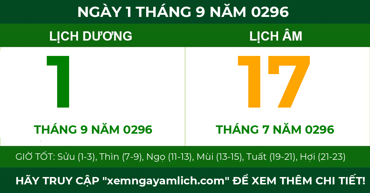 lịch âm ngày 1 tháng 9 năm 0296