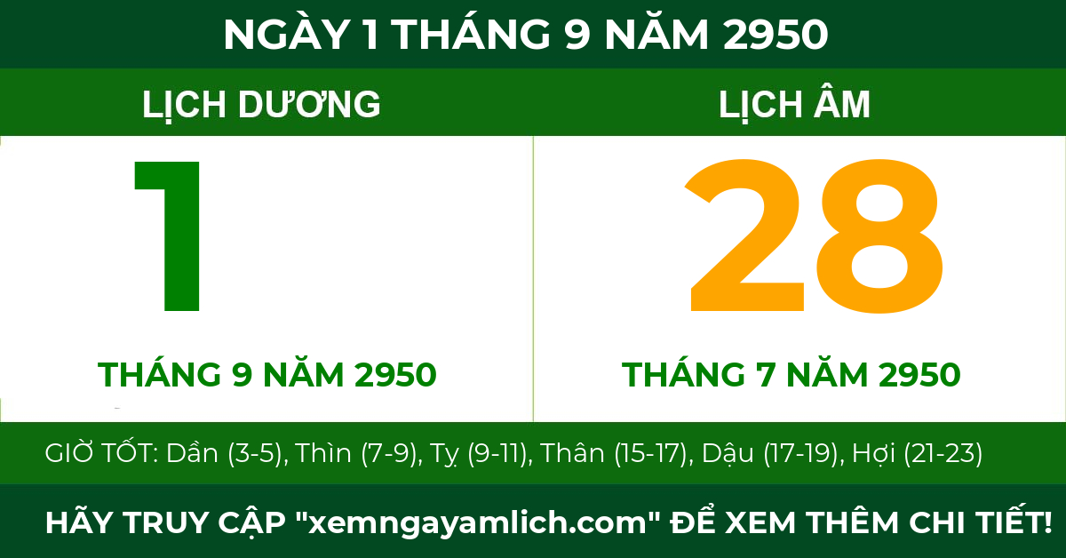 lịch âm ngày 1 tháng 9 năm 2950