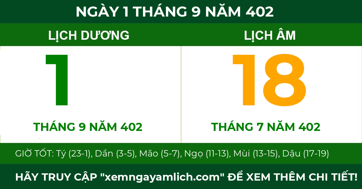 lịch âm ngày 1 tháng 9 năm 402