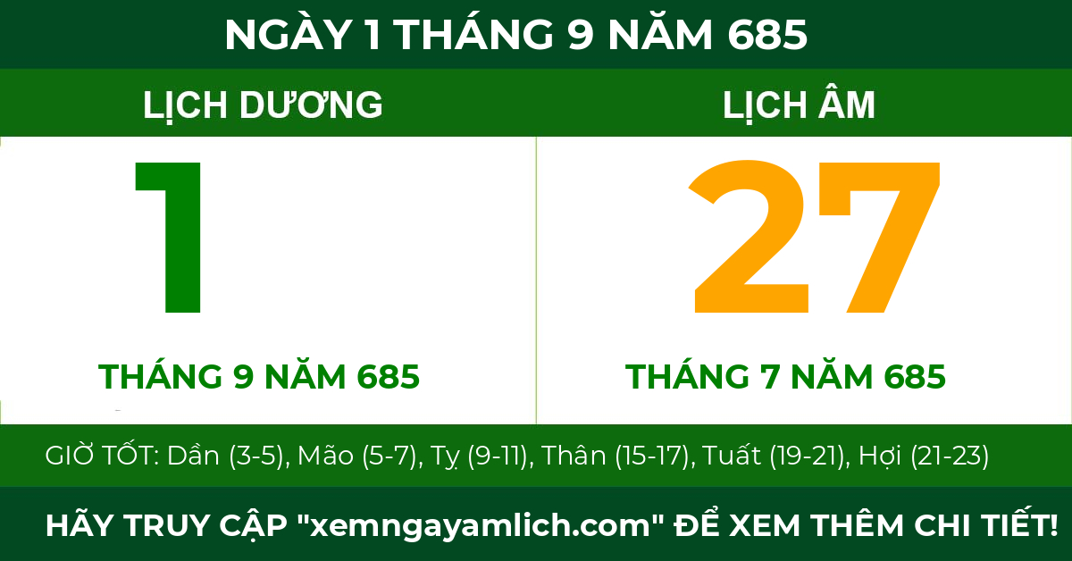 lịch âm ngày 1 tháng 9 năm 685