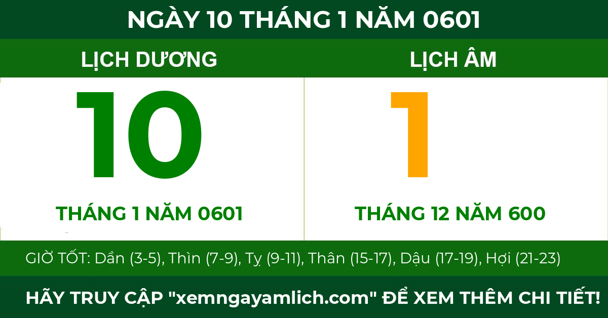 lịch âm ngày 10 tháng 1 năm 0601