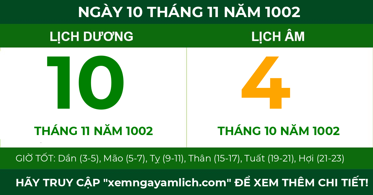 lịch âm ngày 10 tháng 11 năm 1002