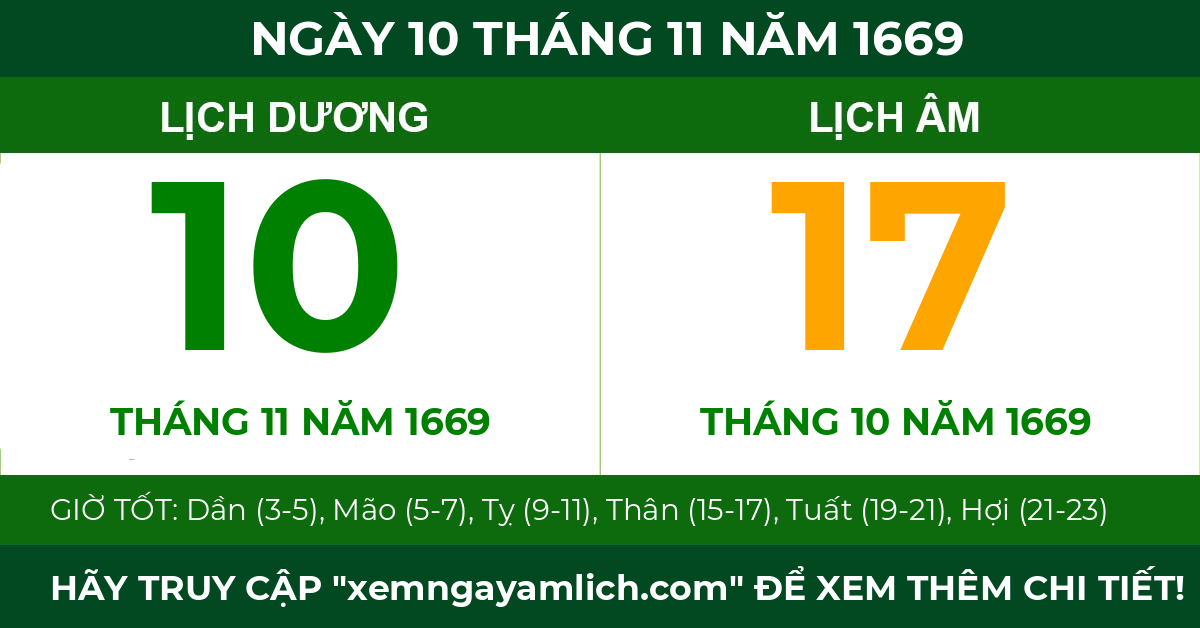 lịch âm ngày 10 tháng 11 năm 1669