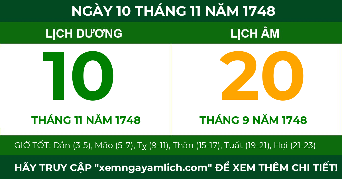lịch âm ngày 10 tháng 11 năm 1748