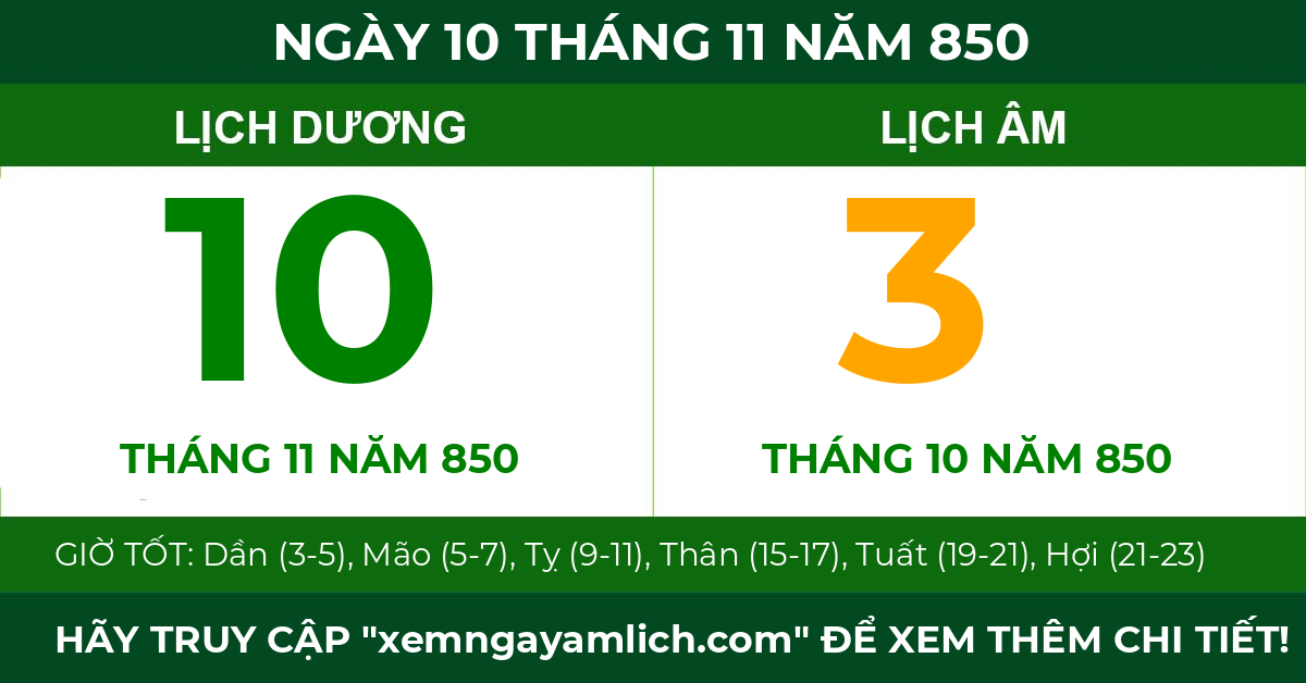 lịch âm ngày 10 tháng 11 năm 850