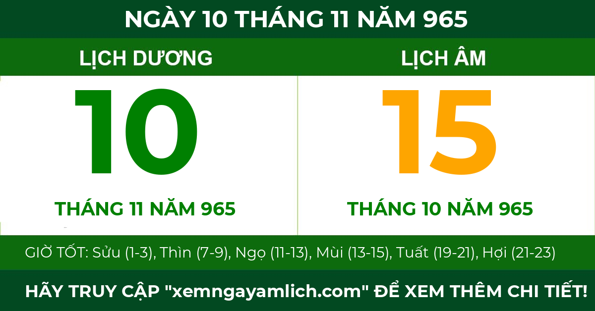 lịch âm ngày 10 tháng 11 năm 965
