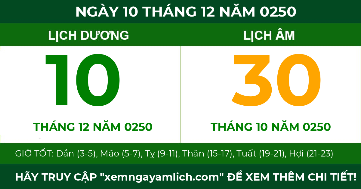 lịch âm ngày 10 tháng 12 năm 0250