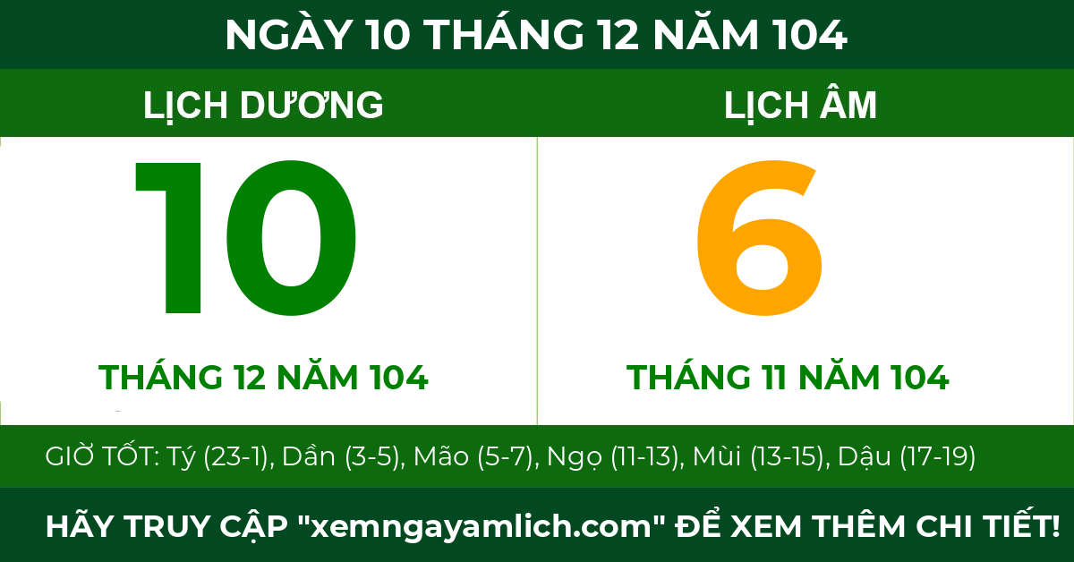 lịch âm ngày 10 tháng 12 năm 104