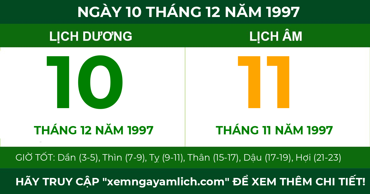 lịch âm ngày 10 tháng 12 năm 1997