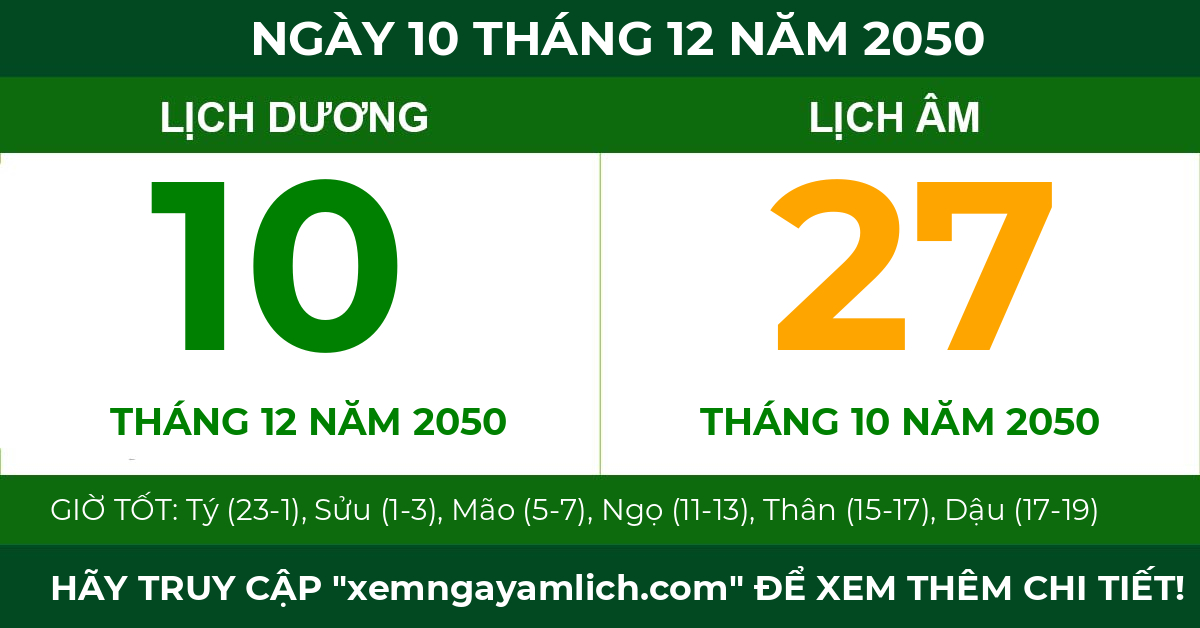 lịch âm ngày 10 tháng 12 năm 2050