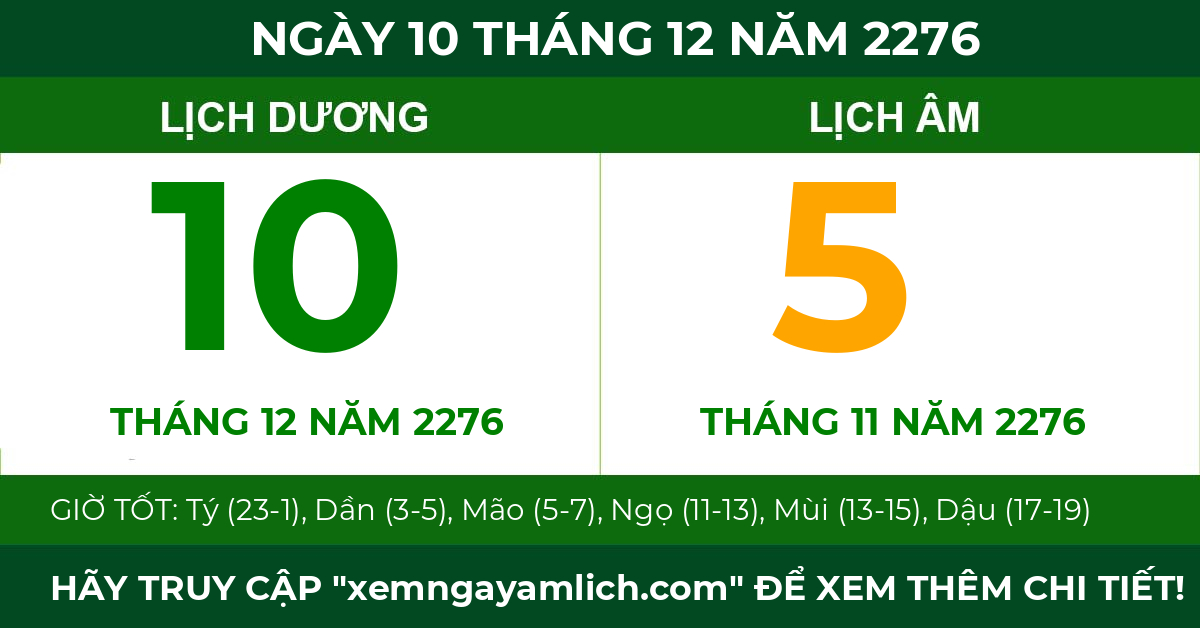 lịch âm ngày 10 tháng 12 năm 2276