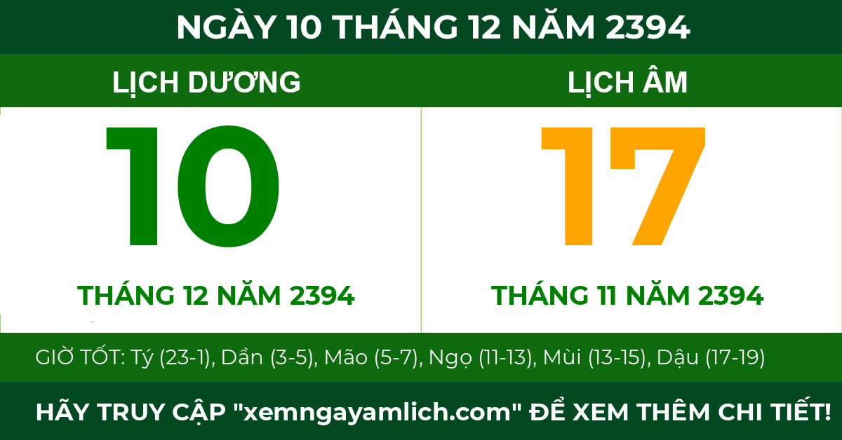 lịch âm ngày 10 tháng 12 năm 2394