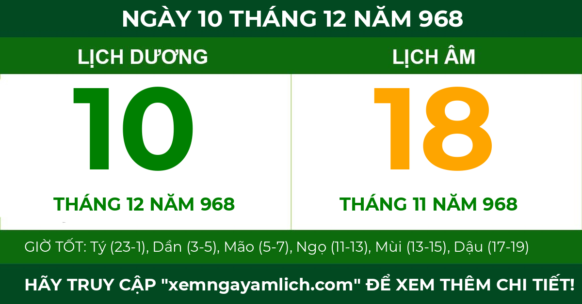 lịch âm ngày 10 tháng 12 năm 968