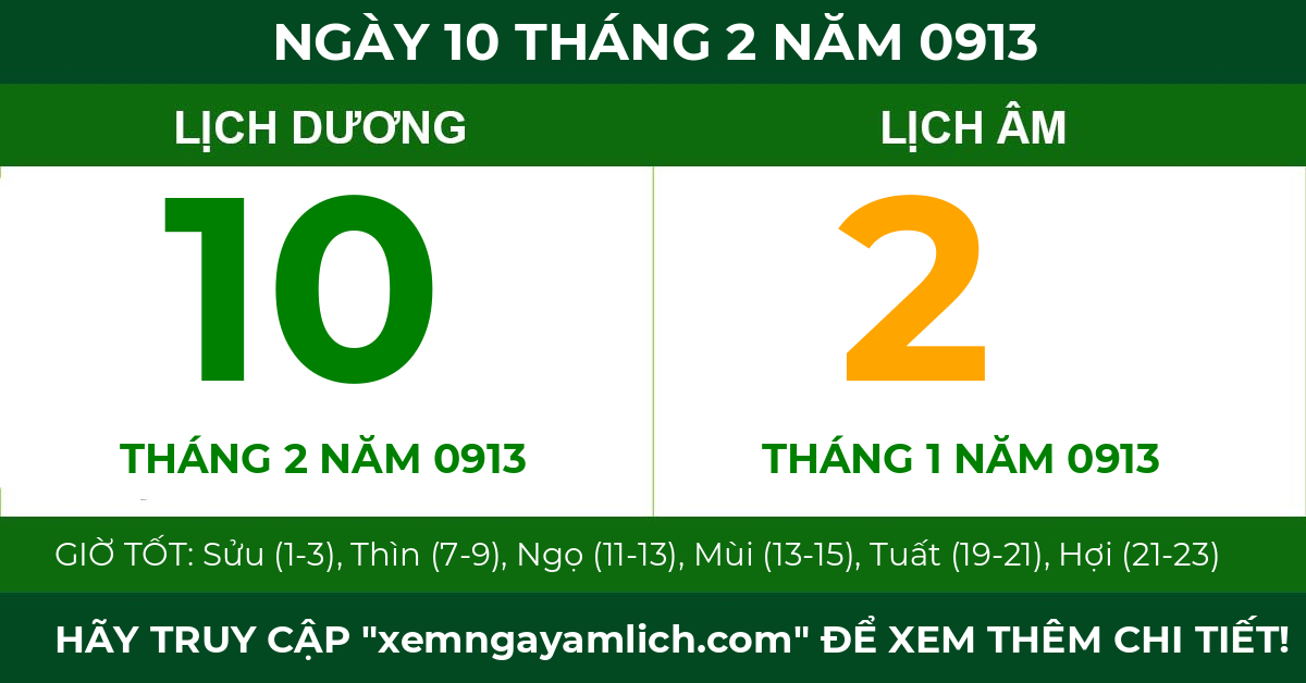 lịch âm ngày 10 tháng 2 năm 0913