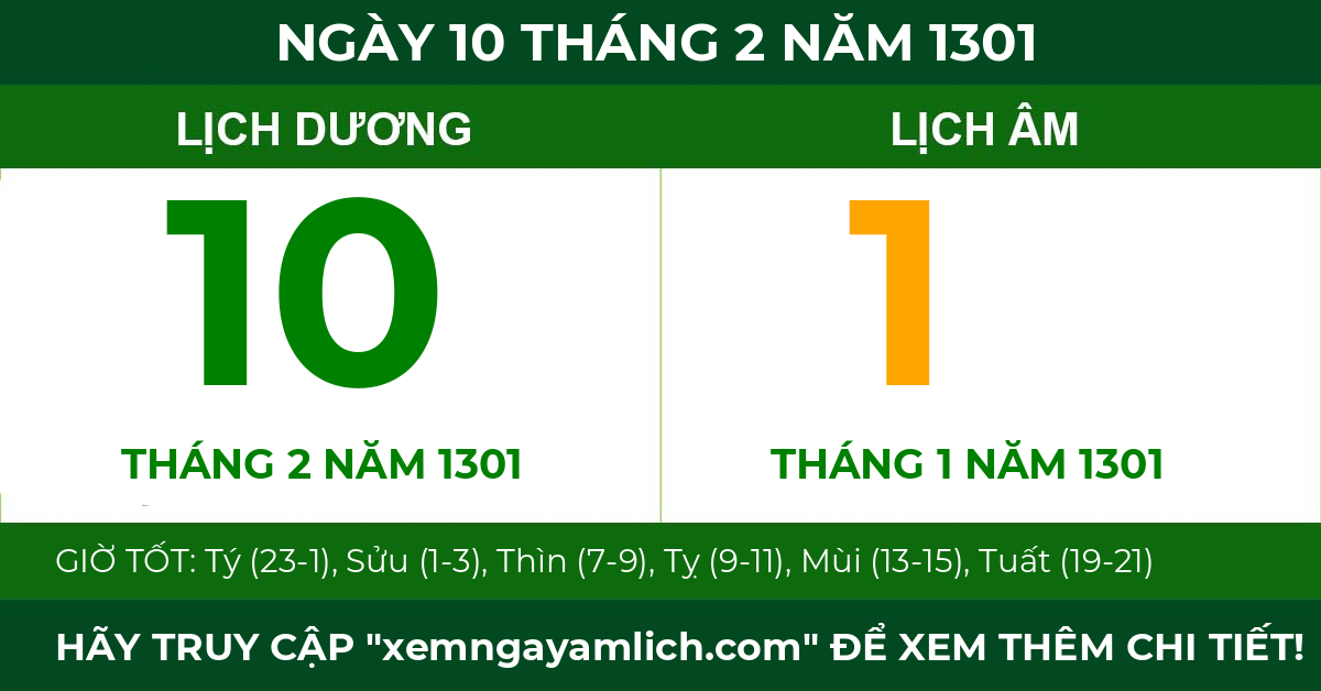 lịch âm ngày 10 tháng 2 năm 1301