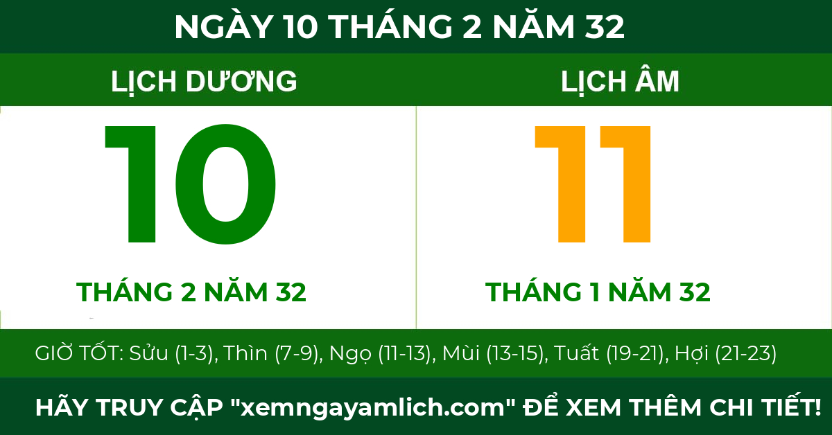 lịch âm ngày 10 tháng 2 năm 32