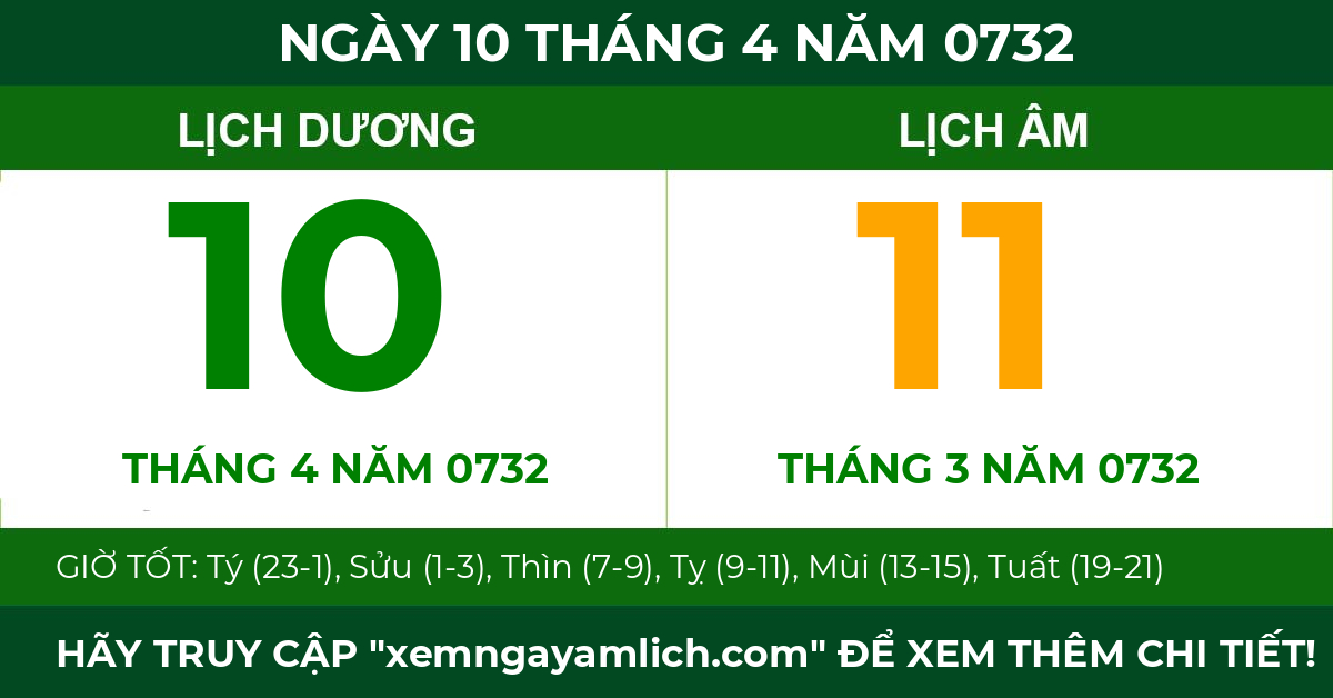lịch âm ngày 10 tháng 4 năm 0732