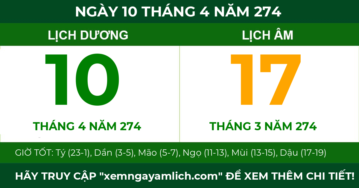 lịch âm ngày 10 tháng 4 năm 274