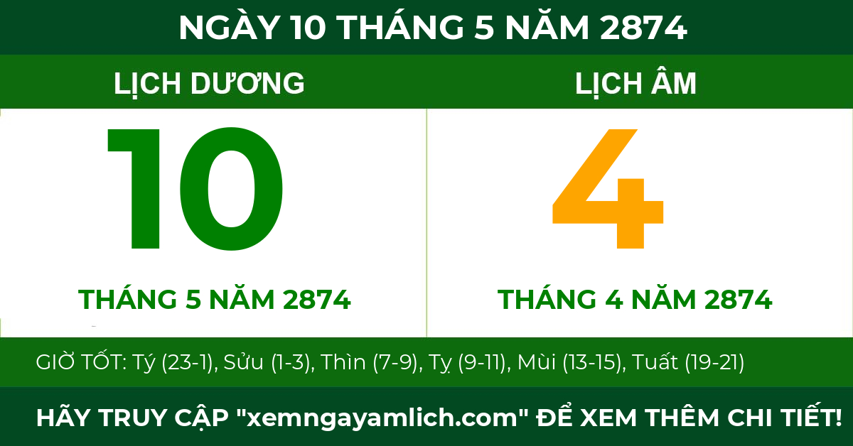 lịch âm ngày 10 tháng 5 năm 2874