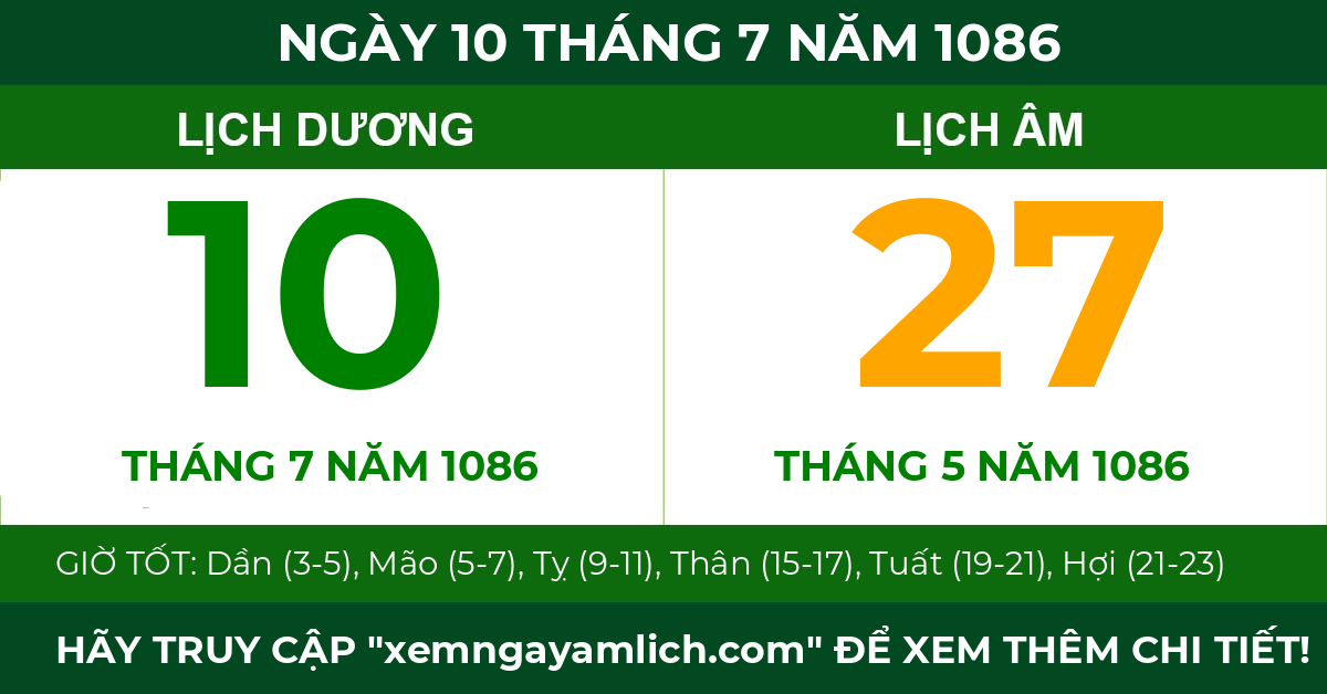 lịch âm ngày 10 tháng 7 năm 1086