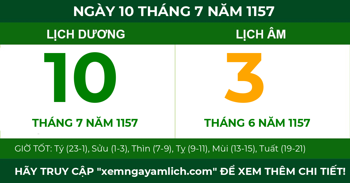 lịch âm ngày 10 tháng 7 năm 1157