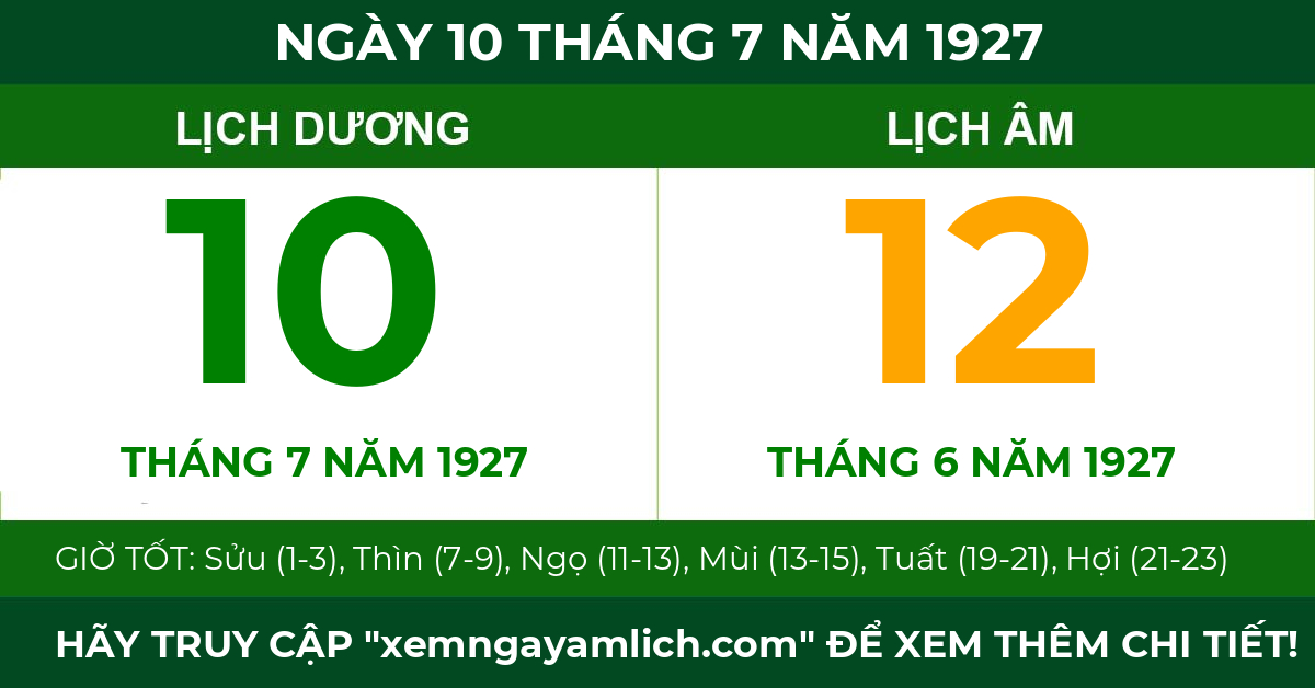 lịch âm ngày 10 tháng 7 năm 1927