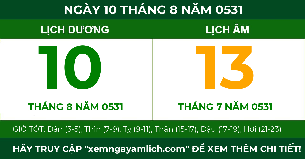 lịch âm ngày 10 tháng 8 năm 0531