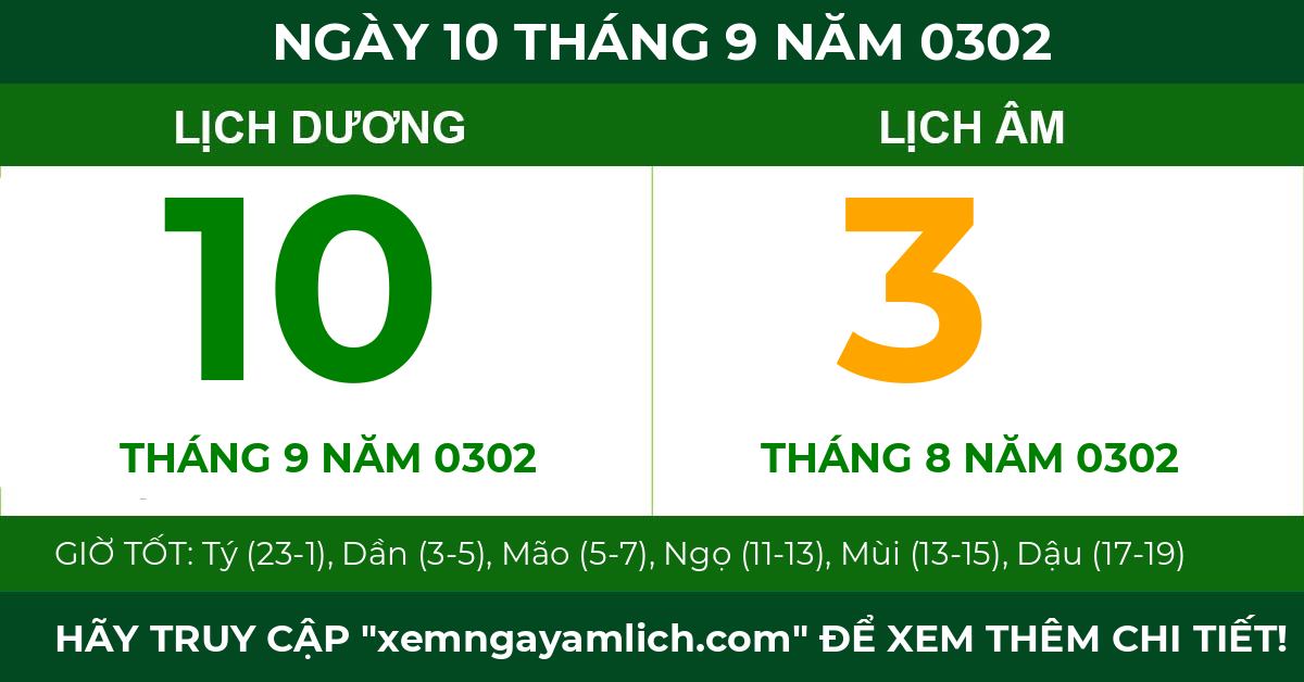 lịch âm ngày 10 tháng 9 năm 0302