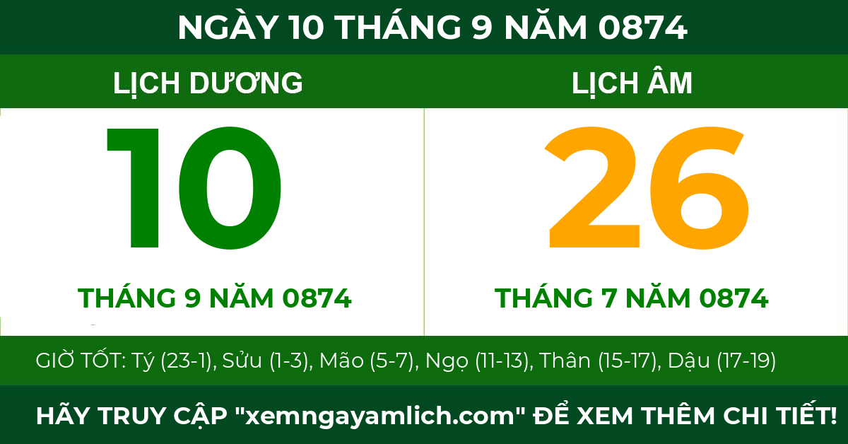 lịch âm ngày 10 tháng 9 năm 0874