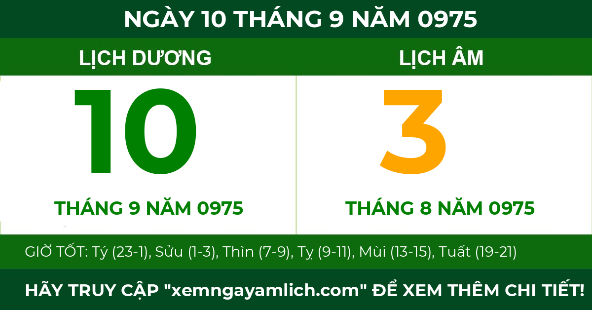 lịch âm ngày 10 tháng 9 năm 0975