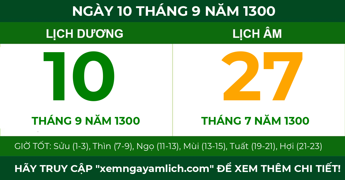 lịch âm ngày 10 tháng 9 năm 1300