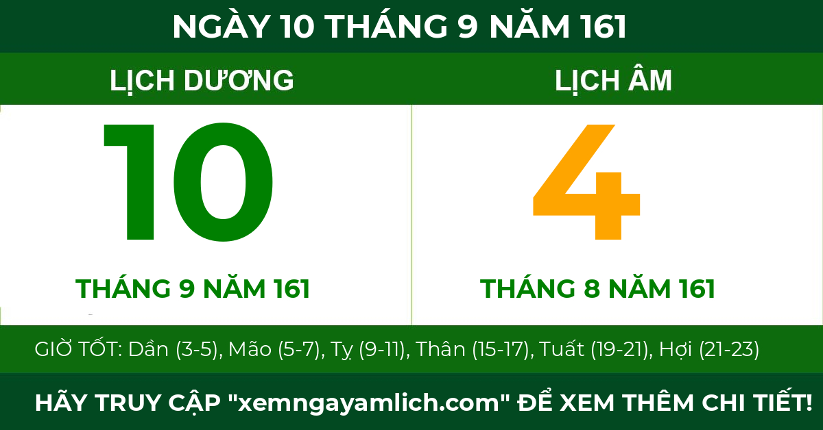 lịch âm ngày 10 tháng 9 năm 161