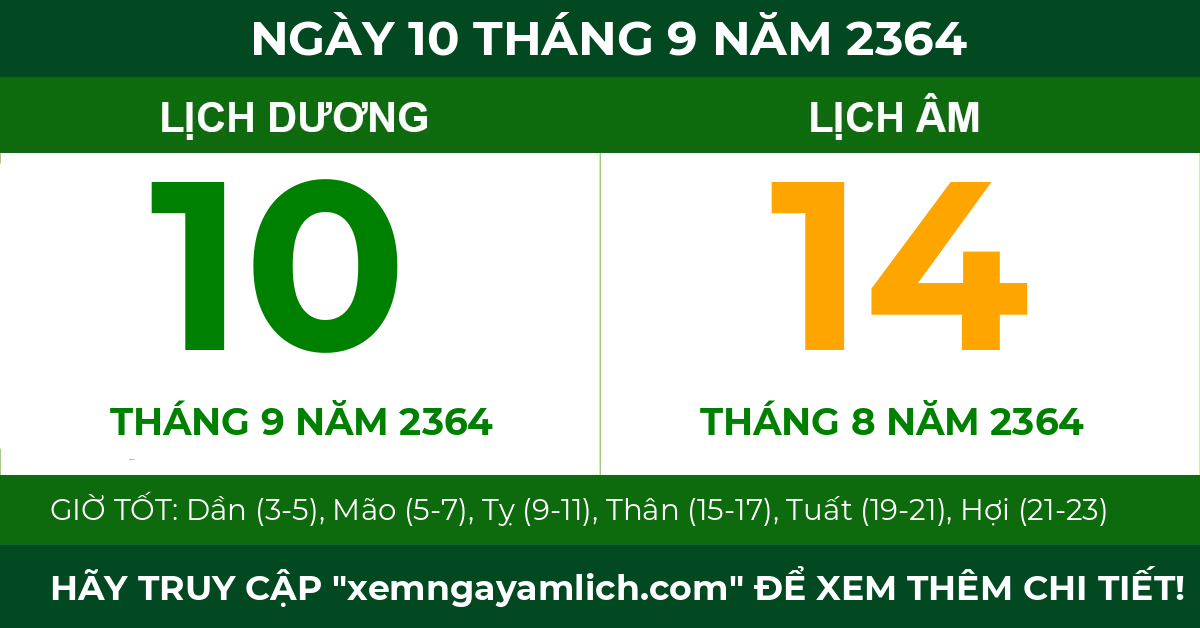 lịch âm ngày 10 tháng 9 năm 2364