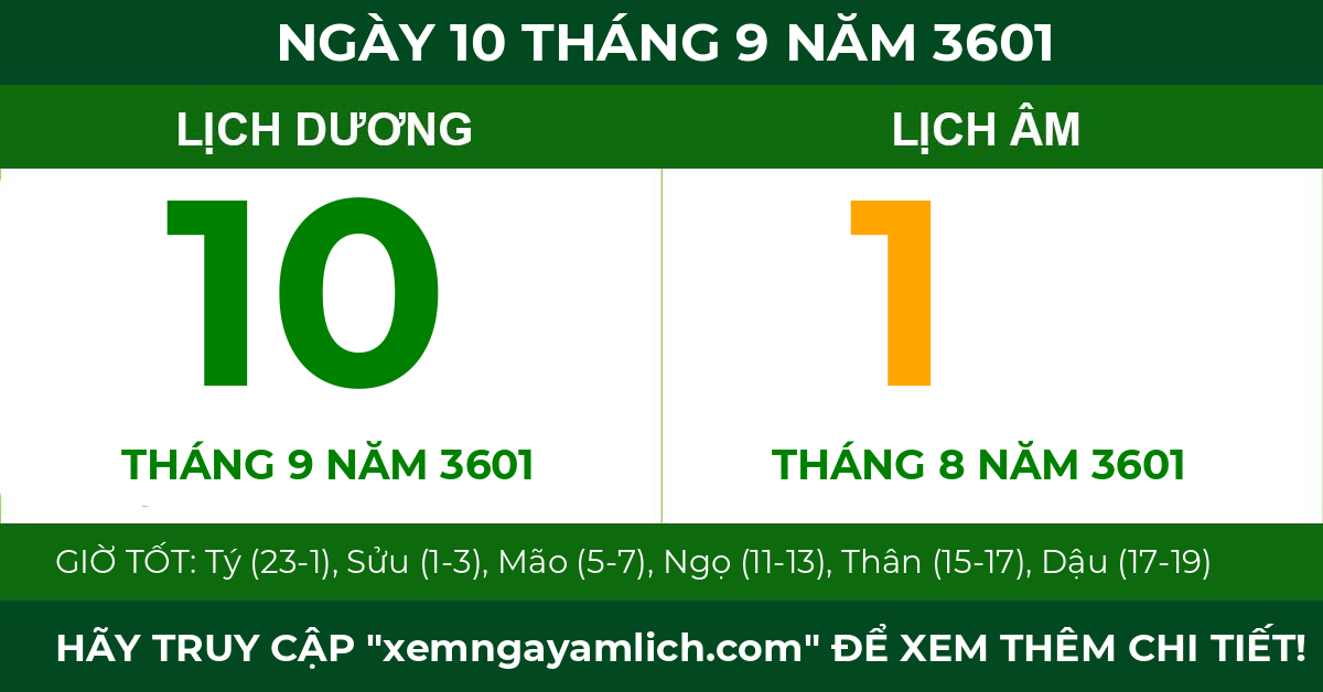 lịch âm ngày 10 tháng 9 năm 3601