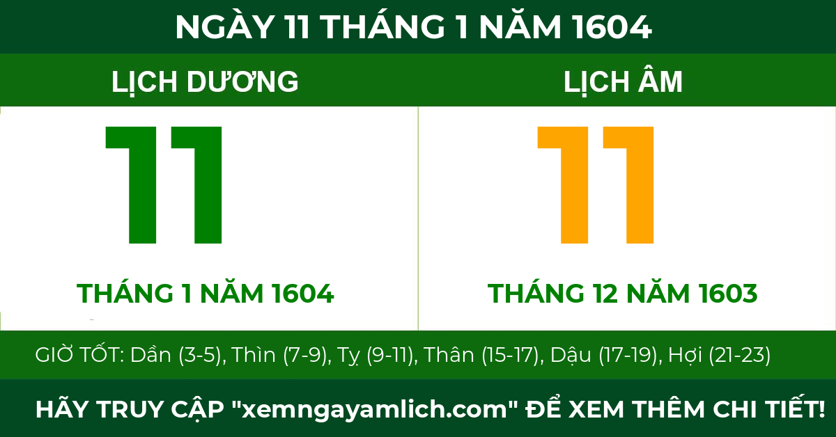 lịch âm ngày 11 tháng 1 năm 1604