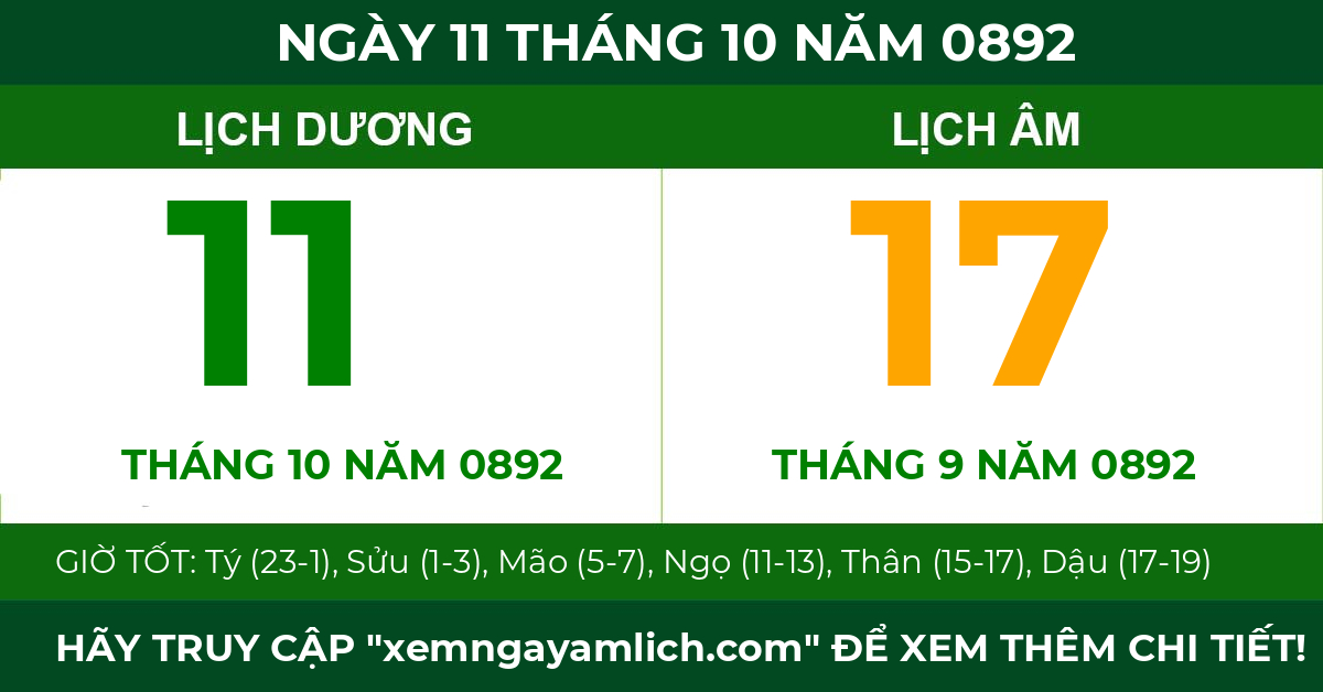 lịch âm ngày 11 tháng 10 năm 0892