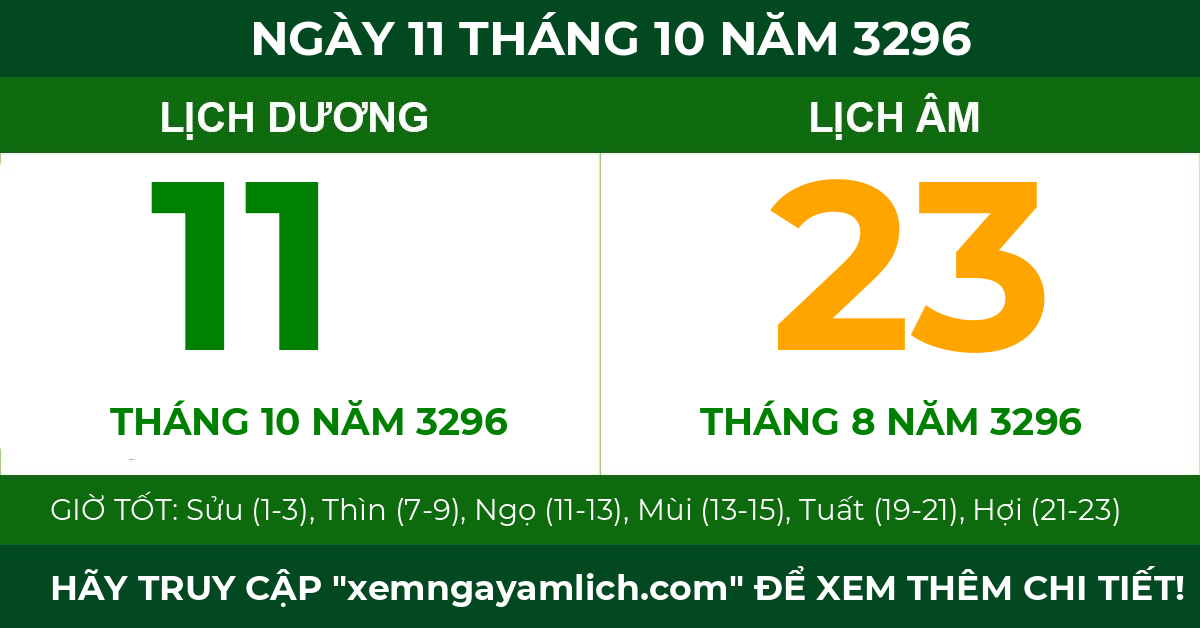 lịch âm ngày 11 tháng 10 năm 3296