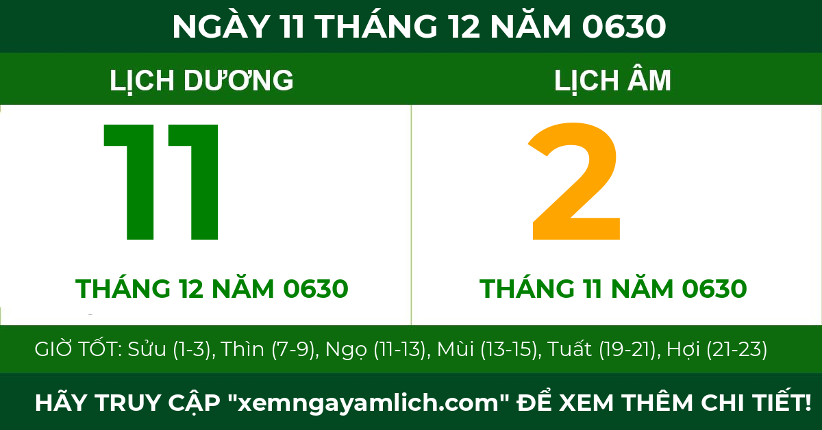 lịch âm ngày 11 tháng 12 năm 0630